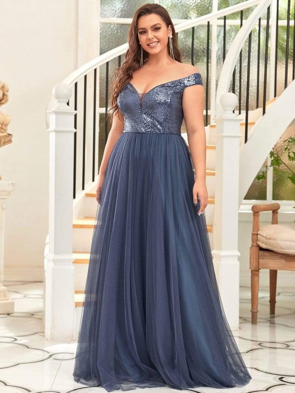 Shiny Sequin Bodice Off the Shoulder Maxi Tulle Evening Dress - Dusty Navy