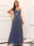 Shiny Sequin Bodice Off the Shoulder Maxi Tulle Evening Dress – Dusty Navy