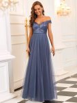 Shiny Sequin Bodice Off the Shoulder Maxi Tulle Evening Dress – Dusty Navy