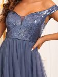 Shiny Sequin Bodice Off the Shoulder Maxi Tulle Evening Dress – Dusty Navy