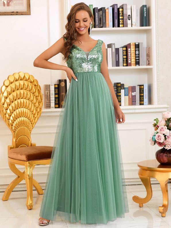 A-line Sequin Off the Shoulder Maxi Tulle Formal Evening Dress - Green Bean