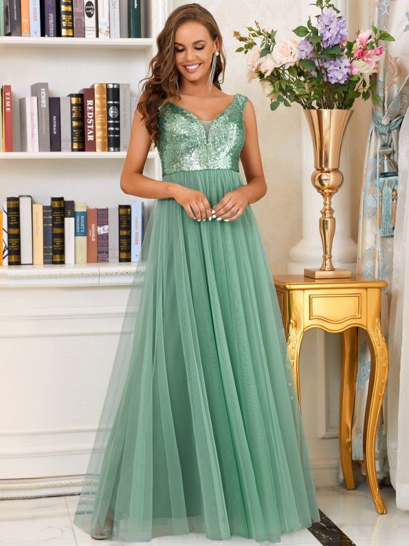 A-line Sequin Off the Shoulder Maxi Tulle Formal Evening Dress - Green Bean