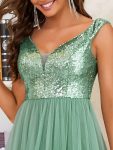 A-line Sequin Off the Shoulder Maxi Tulle Formal Evening Dress – Green Bean