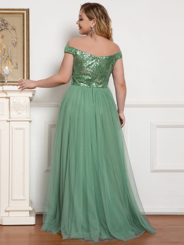 A-line Sequin Off the Shoulder Maxi Tulle Formal Evening Dress - Green Bean