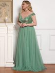 Shiny Sequin Bodice Off the Shoulder Maxi Tulle Evening Dress – Green Bean