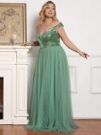 Shiny Sequin Bodice Off the Shoulder Maxi Tulle Evening Dress – Green Bean