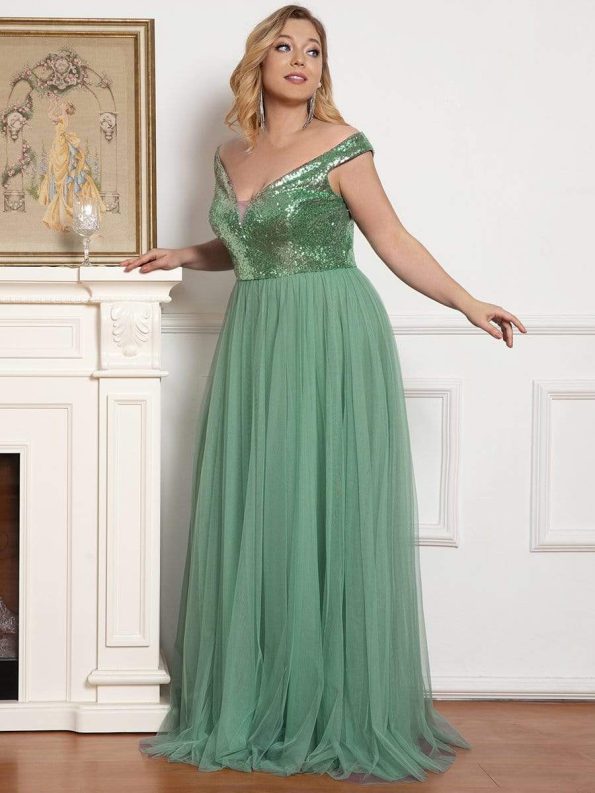 Shiny Sequin Bodice Off the Shoulder Maxi Tulle Evening Dress - Green Bean