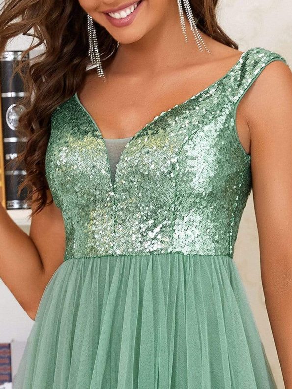 Shiny Sequin Bodice Off the Shoulder Maxi Tulle Evening Dress - Green Bean