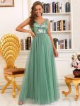 Shiny Sequin Bodice Off the Shoulder Maxi Tulle Evening Dress – Green Bean