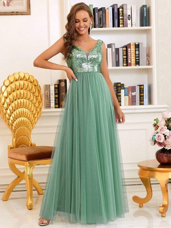 Shiny Sequin Bodice Off the Shoulder Maxi Tulle Evening Dress - Green Bean