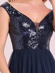 A-line Sequin Off the Shoulder Maxi Tulle Formal Evening Dress – Navy Blue