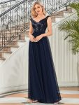 A-line Sequin Off the Shoulder Maxi Tulle Formal Evening Dress – Navy Blue