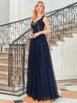 A-line Sequin Off the Shoulder Maxi Tulle Formal Evening Dress – Navy Blue