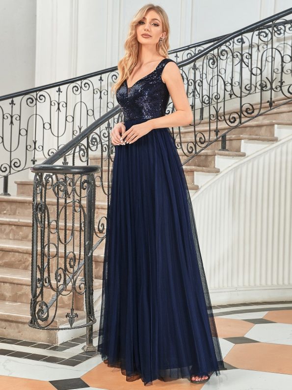 A-line Sequin Off the Shoulder Maxi Tulle Formal Evening Dress - Navy Blue