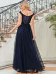 A-line Sequin Off the Shoulder Maxi Tulle Formal Evening Dress – Navy Blue