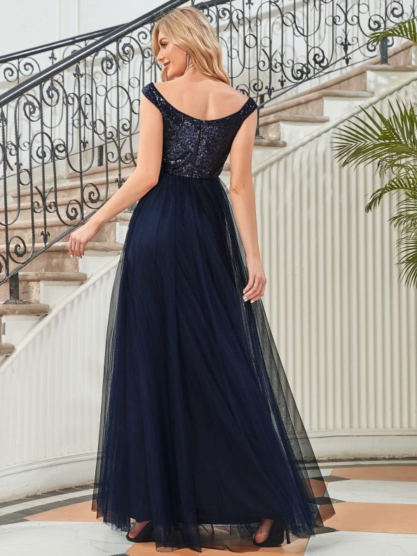 A-line Sequin Off the Shoulder Maxi Tulle Formal Evening Dress - Navy Blue