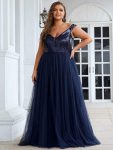 Shiny Sequin Bodice Off the Shoulder Maxi Tulle Evening Dress – Navy Blue