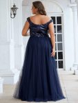 Shiny Sequin Bodice Off the Shoulder Maxi Tulle Evening Dress – Navy Blue