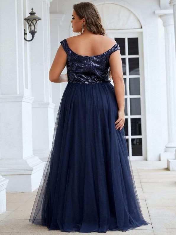 Shiny Sequin Bodice Off the Shoulder Maxi Tulle Evening Dress - Navy Blue