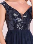 Shiny Sequin Bodice Off the Shoulder Maxi Tulle Evening Dress – Navy Blue