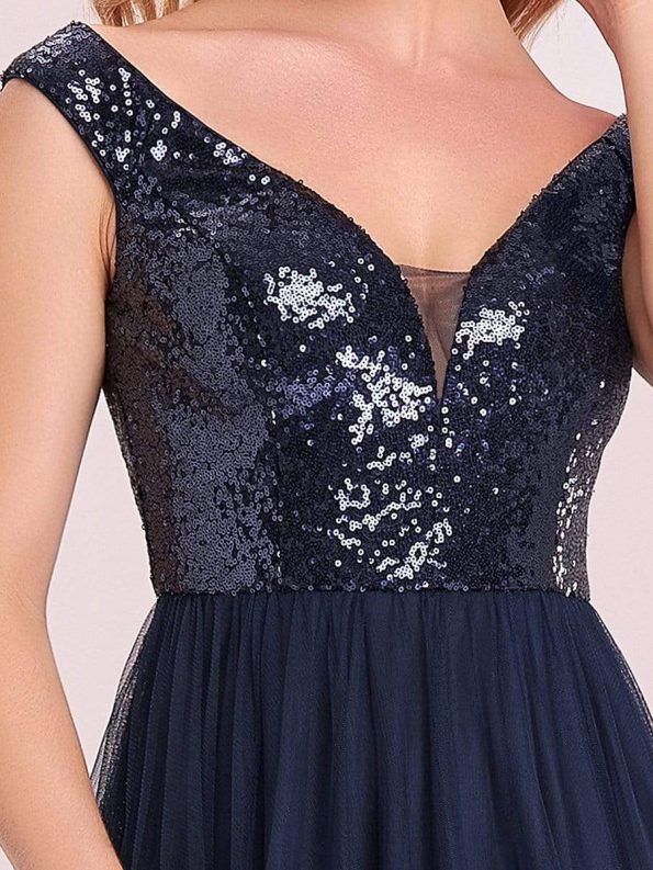 Shiny Sequin Bodice Off the Shoulder Maxi Tulle Evening Dress - Navy Blue