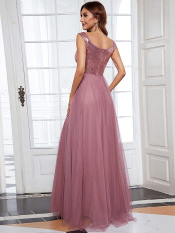 A-line Sequin Off the Shoulder Maxi Tulle Formal Evening Dress - Purple Orchid