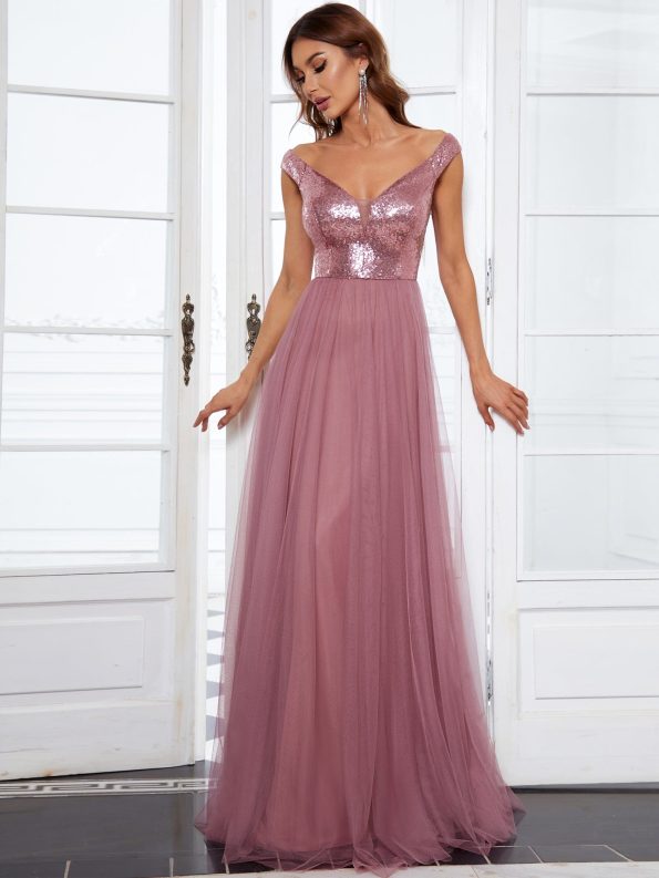 A-line Sequin Off the Shoulder Maxi Tulle Formal Evening Dress - Purple Orchid