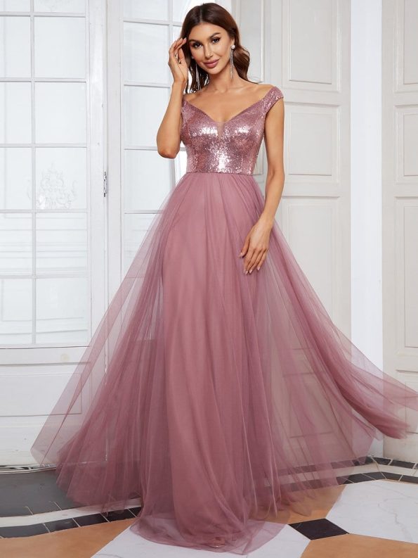 Shiny Sequin Bodice Off the Shoulder Maxi Tulle Evening Dress - Purple Orchid