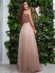 Shiny Sequin Bodice Off the Shoulder Maxi Tulle Evening Dress – Rose Gold