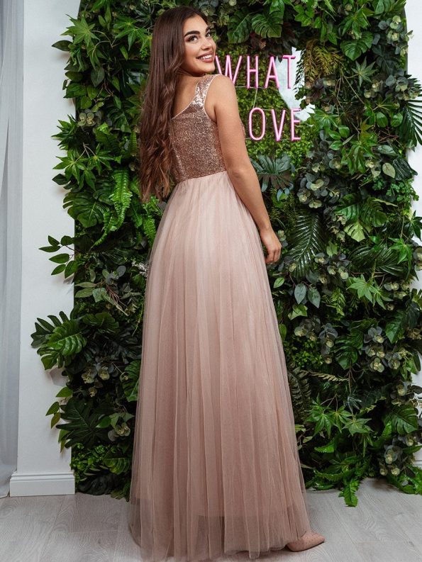 Shiny Sequin Bodice Off the Shoulder Maxi Tulle Evening Dress - Rose Gold