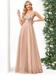 A-line Sequin Off the Shoulder Maxi Tulle Formal Evening Dress – Rose Gold