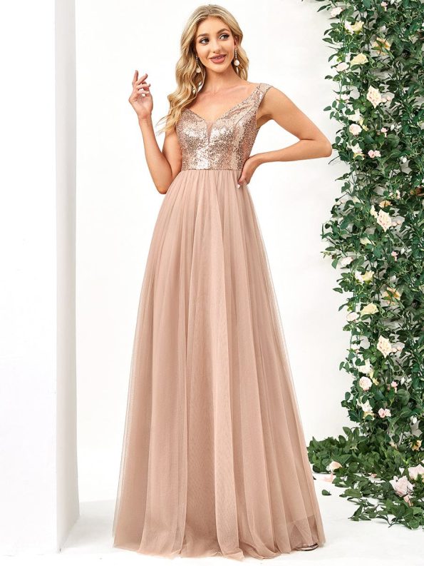 Shiny Sequin Bodice Off the Shoulder Maxi Tulle Evening Dress - Rose Gold