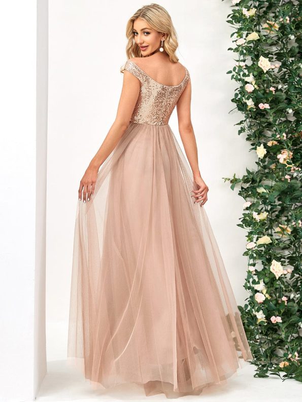 A-line Sequin Off the Shoulder Maxi Tulle Formal Evening Dress - Rose Gold