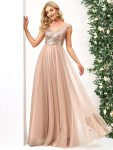 A-line Sequin Off the Shoulder Maxi Tulle Formal Evening Dress – Rose Gold