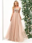 A-line Sequin Off the Shoulder Maxi Tulle Formal Evening Dress – Rose Gold