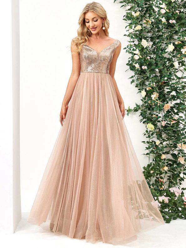 A-line Sequin Off the Shoulder Maxi Tulle Formal Evening Dress - Rose Gold