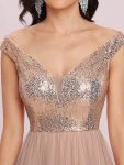 Shiny Sequin Bodice Off the Shoulder Maxi Tulle Evening Dress – Rose Gold