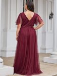 Romantic V Neck Tulle Evening Dress with Ruffle Sleeves – Burgundy