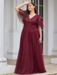 Romantic V Neck Tulle Evening Dress with Ruffle Sleeves – Burgundy