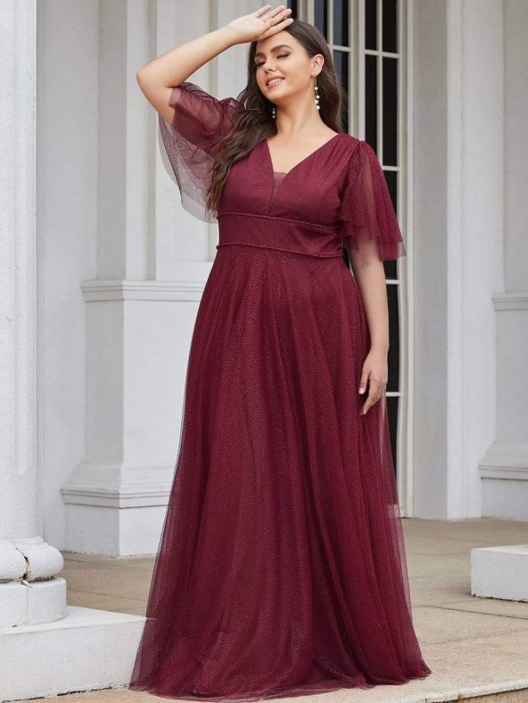 Romantic V Neck Tulle Evening Dress with Ruffle Sleeves - Burgundy