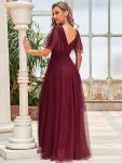 Romantic V Neck Tulle Evening Dress with Ruffle Sleeves – Burgundy