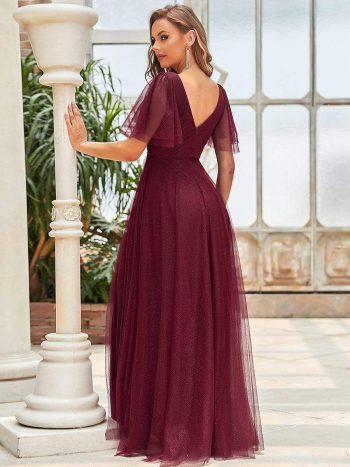 Romantic V Neck Tulle Evening Dress with Ruffle Sleeves - Burgundy