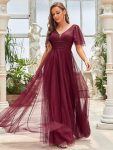 Romantic V Neck Tulle Evening Dress with Ruffle Sleeves – Burgundy