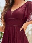 Romantic V Neck Tulle Evening Dress with Ruffle Sleeves – Burgundy