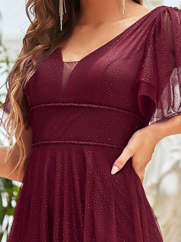 Romantic V Neck Tulle Evening Dress with Ruffle Sleeves - Burgundy