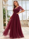 Romantic V Neck Tulle Evening Dress with Ruffle Sleeves - Burgundy