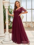 Romantic V Neck Tulle Evening Dress with Ruffle Sleeves – Burgundy