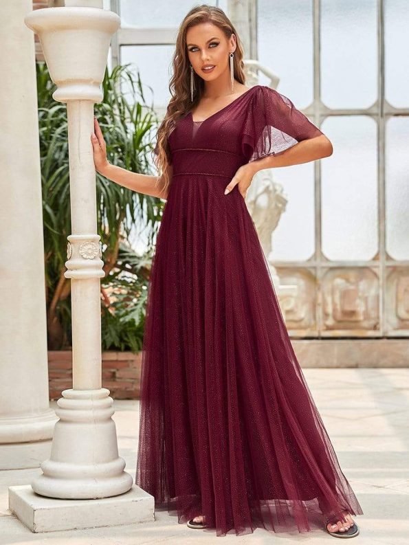 Romantic V Neck Tulle Evening Dress with Ruffle Sleeves - Burgundy