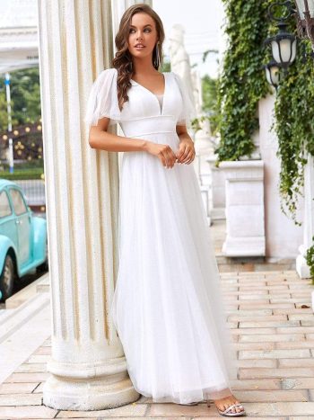 Romantic V Neck Tulle Evening Dress with Ruffle Sleeves - Cream