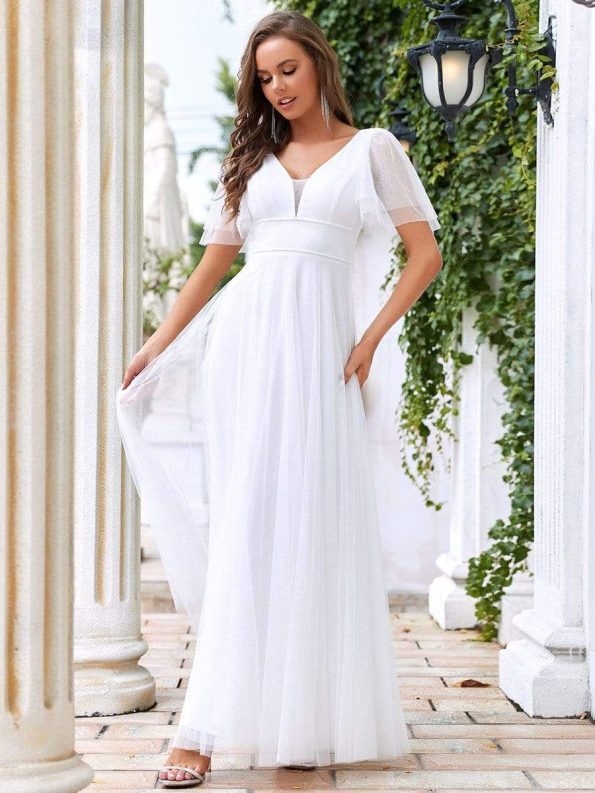 Romantic V Neck Tulle Evening Dress with Ruffle Sleeves - Cream